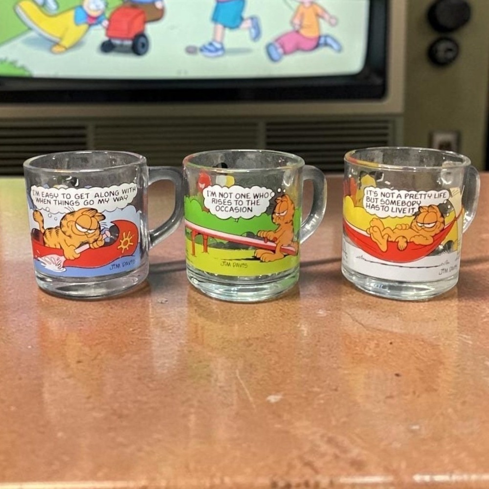 McDonalds Garfield Odie Glass Mugs, Set‎ Of 3, Vintage Cartoon Strip Design